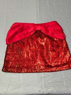 Glam Red Sequin Satin Mini Skirt Bow Accent Zip Womens Size S holiday sparkle